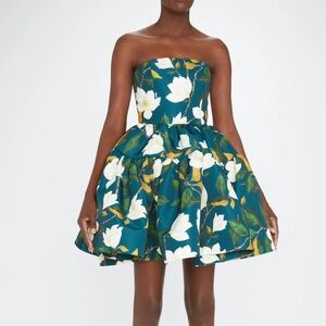 Oscar De La Renta Teal Magnolia Print Mini Dress Strapless Green White floral 6